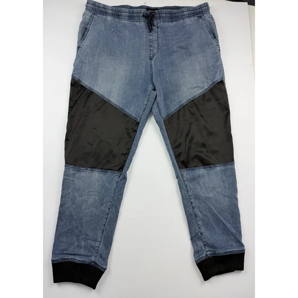 True Religion Jogger Pants Men's Approx 40 Blue Denim Contrast Panel Drawstring - Picture 1 of 16